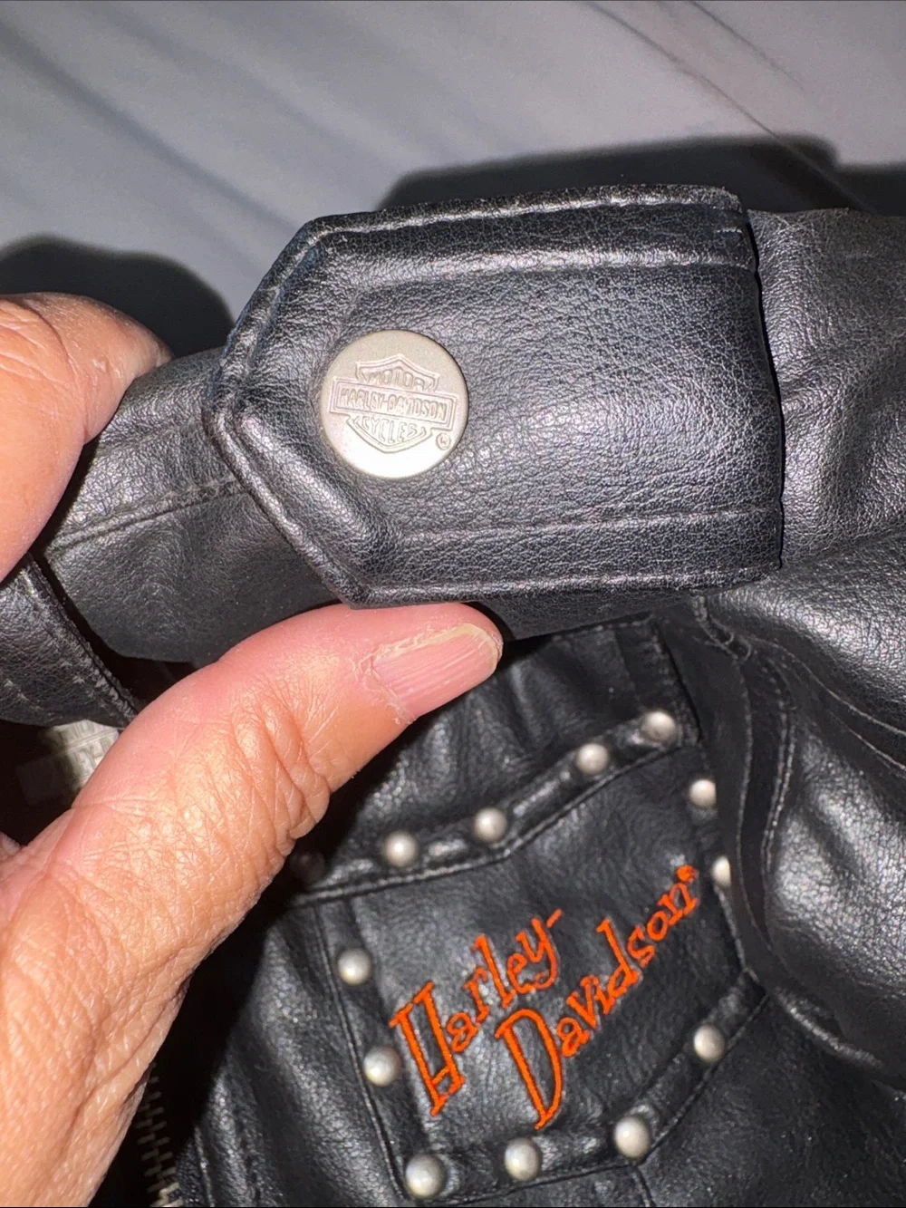 Harley-Davidson Girl Black Studded Embroidered Faux Leather Jacket EUC 4T